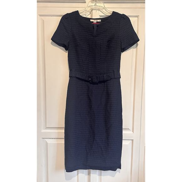 Boden Size 4 Pencil Dress Belted Midi Swiss Dots Navy Blue Classic Preppy - Picture 1 of 16